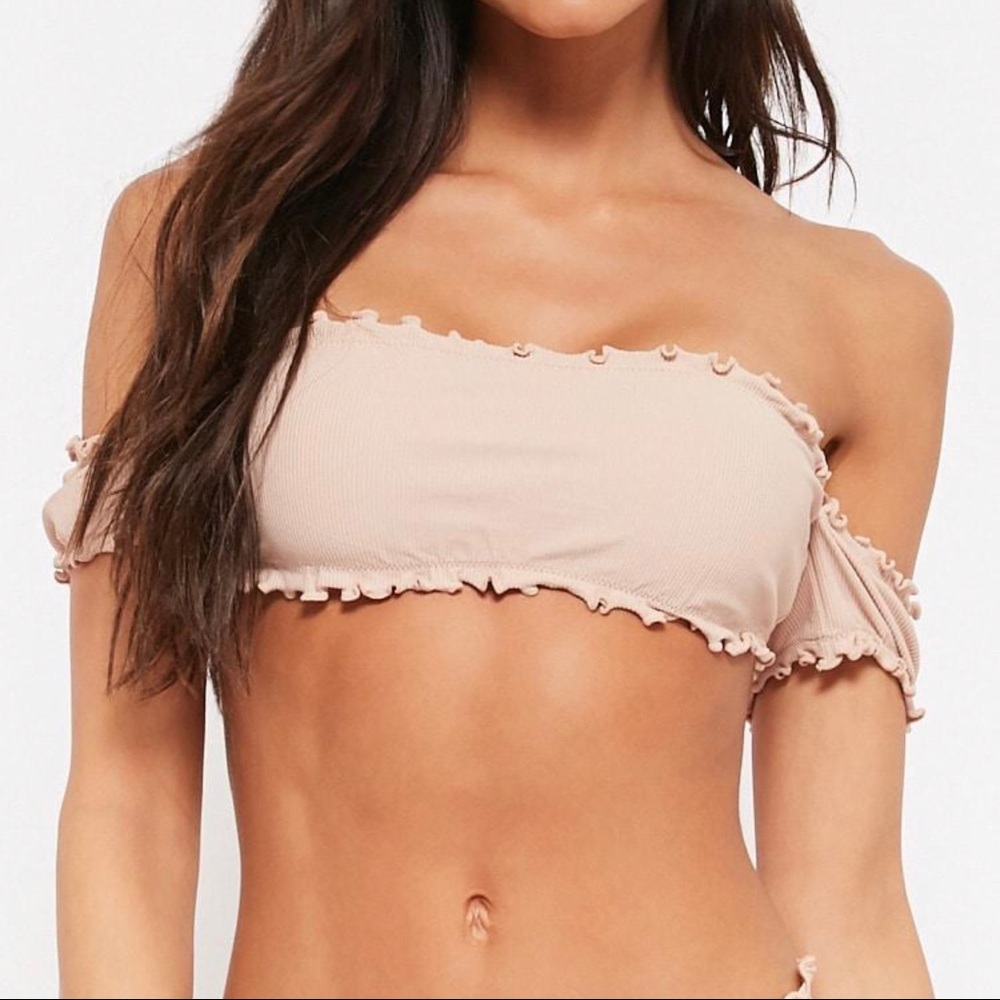 Lettuce edge ribbed off the shoulder bikini set